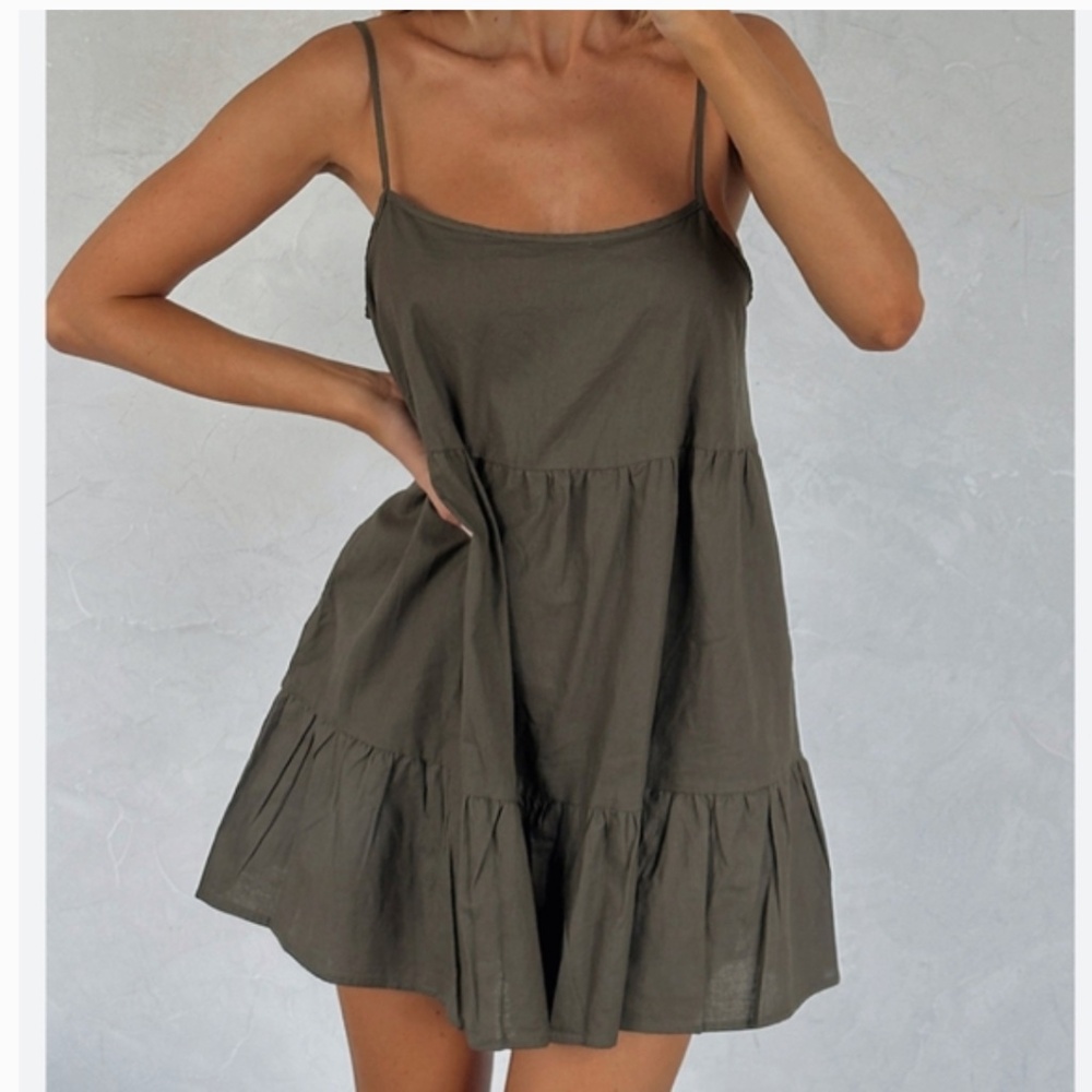 American Eagle Outfitters Olive Green Tiered Ruffle Mini Dress